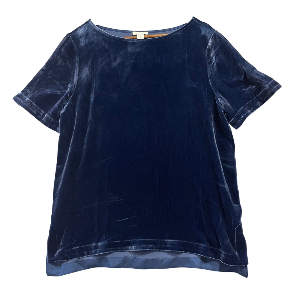 Sundance Women Silk Velvet Top Medium Navy Blue Short Sleeve Boho Holiday Luxe